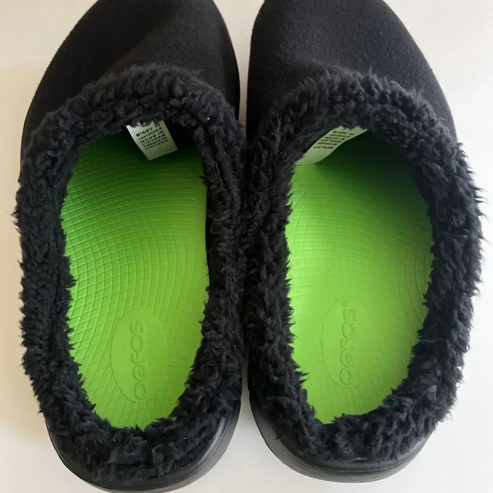 OOFOS OOmg Luxe Clog Men Black Brand New Recovery Faux Fur Slipper Comfort SZ 10
